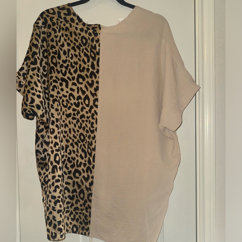 Jodifl Tan/Leopard Print Color Block Blouse - image 4